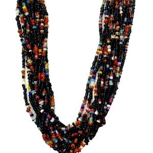 Vintage Black Multi Colored Layered Seed Bead Large Statement Necklace 29” Heavy